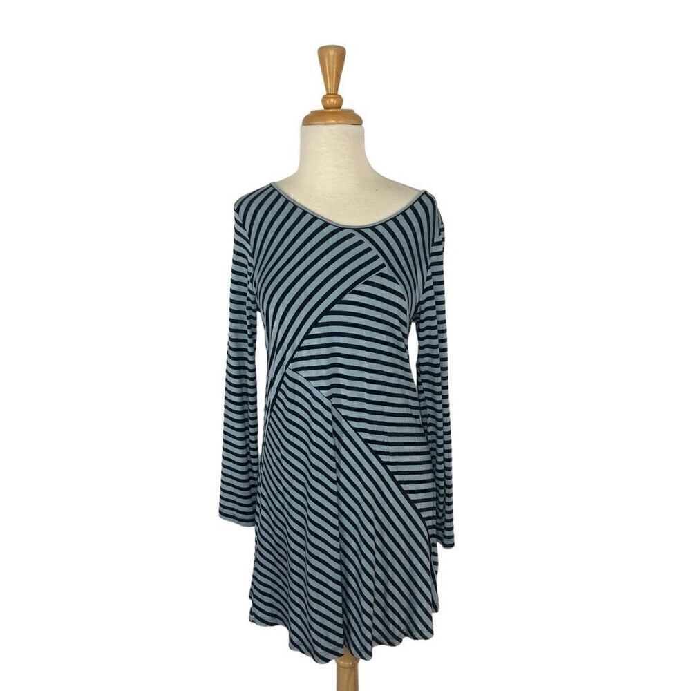 Comfy USA XS Tunic Dress Blue Black Asymmetric Striped Lagenlook Art Fits S M
